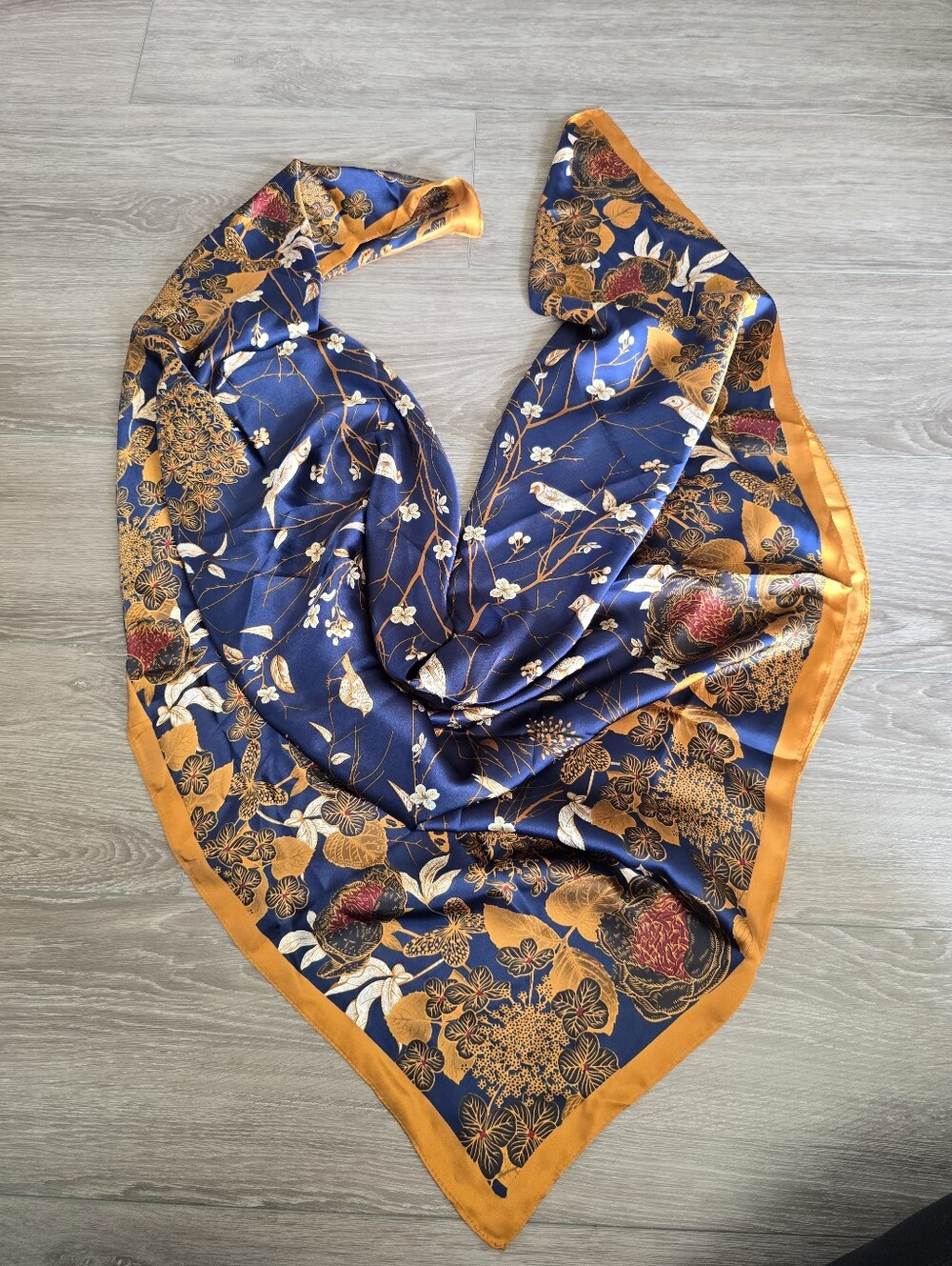 Navy Gold Floral Bird Print Large Square Scarf Soft Feel Neck Hair Wrap